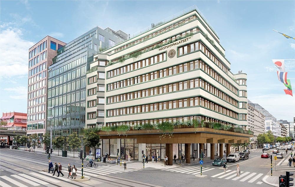 Visualisering av ombyggda Hästskopalatset i korsningen Hamngatan/Regeringsgatan, med grönskande terrasser