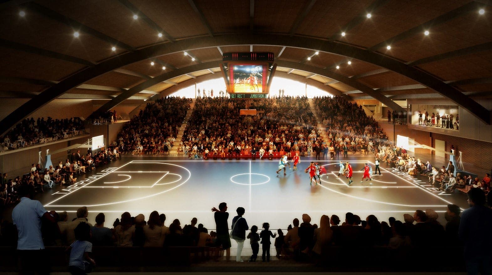 Visualisering av idrottshallen i Ulvsunda idrottscentrum under en basketmatch med fullsatta läktare